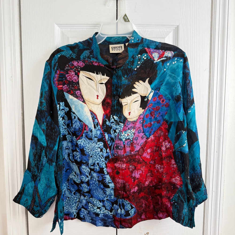 Chicos Design Silk Blouse Size 1 Teal Blue Geisha Graphic Art Vintage Aesthetic